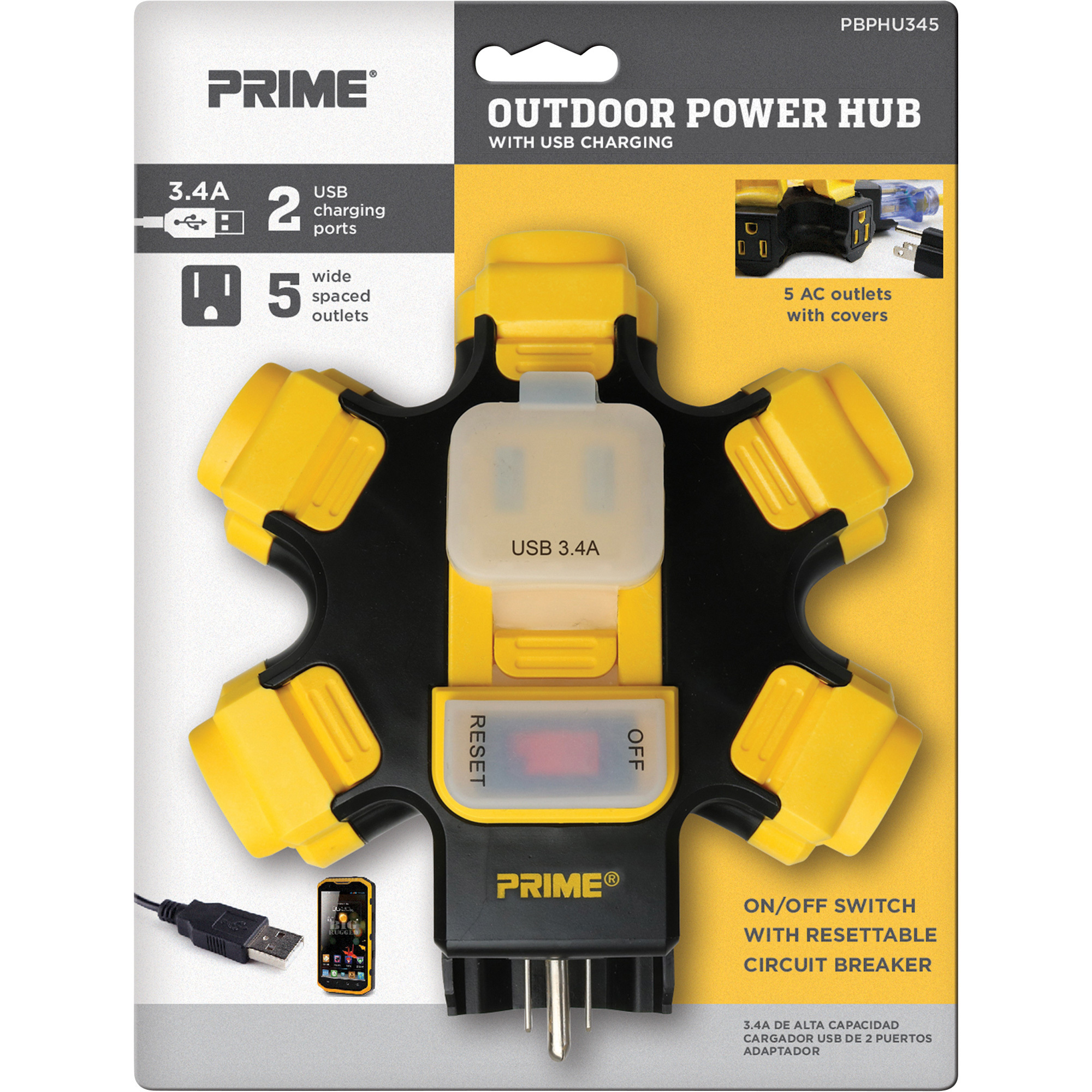 Prime Outdoor 5Outlet Power Hub with USB Ports, Model PBPHU345